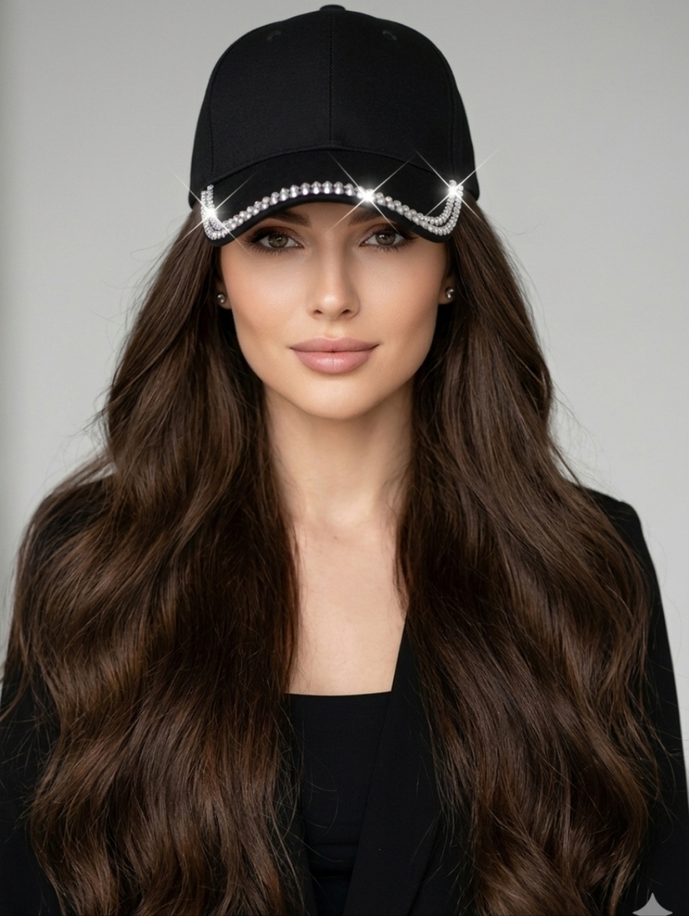 Black Baseball Cap Sparkling Brim Rhinestone Accents